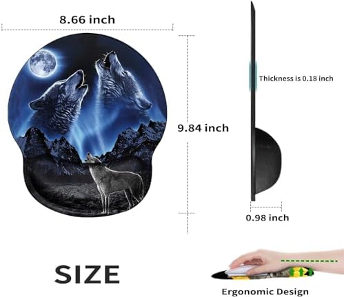 Ergonomic Mouse Pad with Wrist Support Wolf Mousepad Wrist Rest for Pad Gel Carpal Tunnel Relieves Pain Blue Mouse Mat with A Coaster for Computer Girl Work