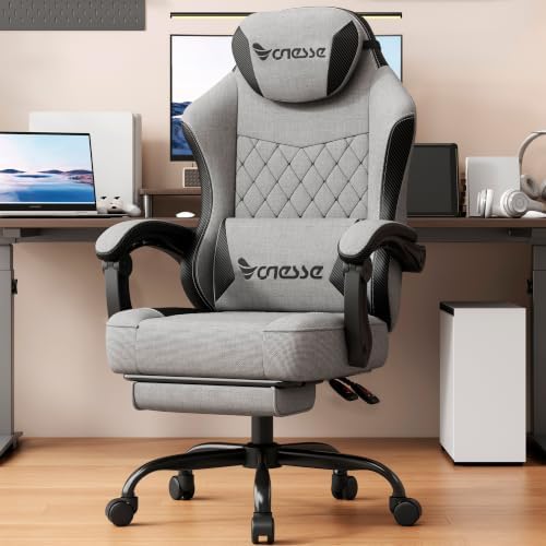 Vonesse Gaming Chair, Desk Chair with Linen Breathable Mesh Fabric, Office Chair with Adjustable Lumbar Support, Computer Chairs with Footrest and Headrest (Gray)