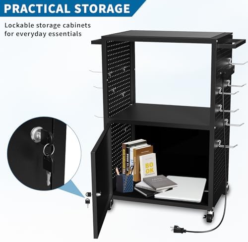 AV Presentation Media Cart Stand Up Desk with Storage Cabinet for Printer, Projector, Computers, TV, Rolling Storage Cart with Adjustable Shelves, Outlet and Cord for School Office Shop