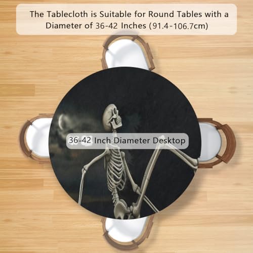 Round Tablecloth with Elastic Edged, 36-42 inch Funny Skeleton Stretching Halloween Night Table Covers Waterproof Washable Table Cloths Mat for Picnic Indoor 0utdoor Dinning Patio Table