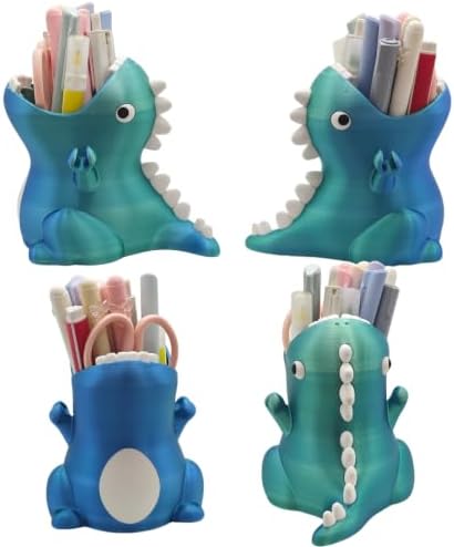 TIME&TRAVE Cute Dinosaur Pen Holder for Desk, Creative Pencil Holder Desk Organizers, Office Supplies Decorations Idea Gift for Women Kids (Blue Green)