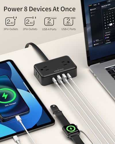 HOPOW Flat Plug Extension Cord, 4AC&2A2C, 6 FT Power Strip for Travel