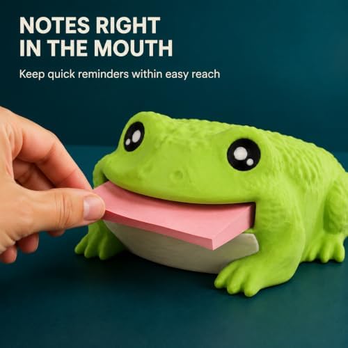 Note Toad - Desk Organizer & Note Holder, 3D Printed Frog Sticky Memo Block Dispenser with Pen Rest, 3 Reusable Stencils and Top Reminder Slot for Office Workspace, Reception Counter and Lover Gift