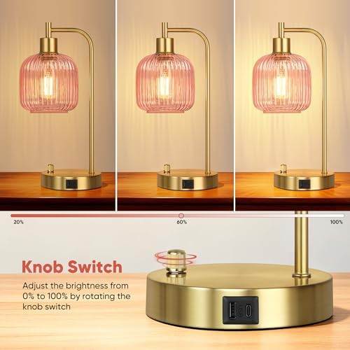Pink Glass Table Lamps Set of 2, Dimmable Bedside Lamps for Living Room