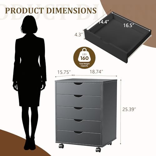 5 Drawer Chest, Under Desk Storage Mobile File Cabinet with Wheels, 5 Office Drawer for Home & Office Printer Stand, Black