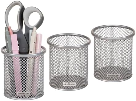 Mind Reader Pen and Accessories Holder, Desktop Organizer, Office, Metal Mesh, 3.5"L x 3.5"W x 3.75"H, Set of 3, Silver