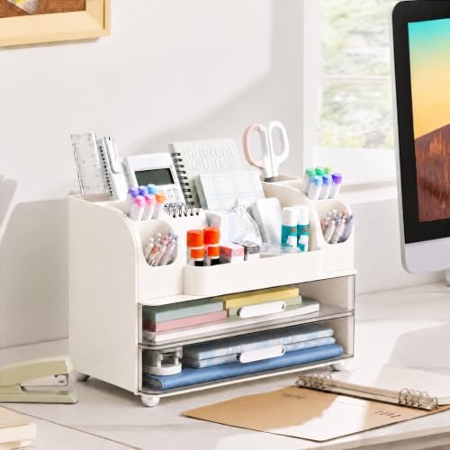 HBlife Desk Organizer with Pencil Pen Holder for Desk, Pen Organizer with 2 Drawers, Desk Organizers and Accessories with Compartments, Desktop Storage for Office, Home, School, Art Supplies, White