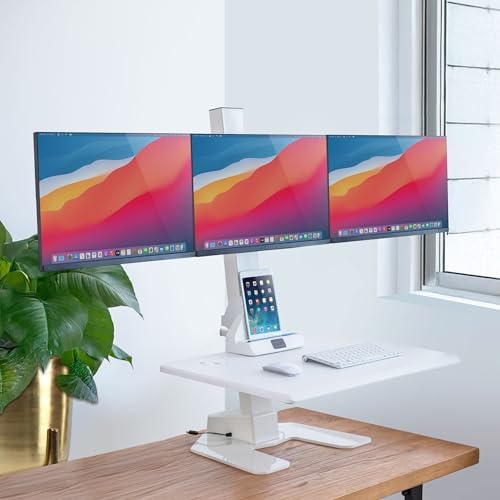 Mount-It! Triple Monitor Electric Standing Desk Converter - 3 Monitor Standing Desk is Height Adjustable, Sit-Stand Converting Desk for Home, Office Monitor Mounts Fits Screens up to 32" White