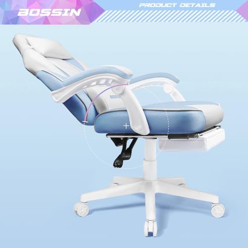 BOSSIN Gaming Chair with Massage, Ergonomic Heavy Duty Design with Footrest and Lumbar Support, Large Size Cushion High Back Office Chair, Big and Tall Gaming Computer Chair for Kids（White and Blue）