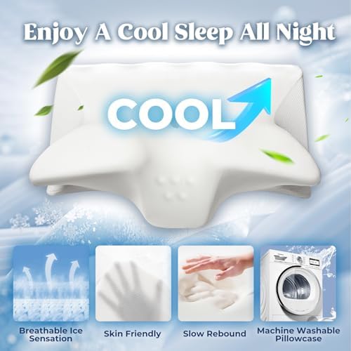Cervical Pillow for Neck Pain Relief, Cooling Contour Memory Foam Pillows Support Odorless Ergonomic Neck Pillow Adjustable Orthopedic Bed Pillow for Side Back Stomach Sleeper with Pillowcase,White