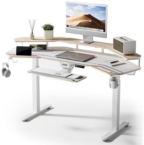 EUREKA ERGONOMIC Standing Desk with Keyboard Tray, Large Music Studio Gaming Desk, Wing Shaped Sit Stand Table 72'', LED Convertible Shelves, Dual Motor&Slot, Maple