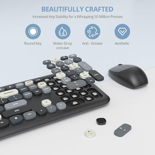 Surmen Colorful Black Quiet Keyboard and Mouse Wireless, Full-Size Girly Slient Keyboard Retro Typewriter Low-Noise 2.4GHz for Computer, Desktop, Laptop (X110-Blend Gray)