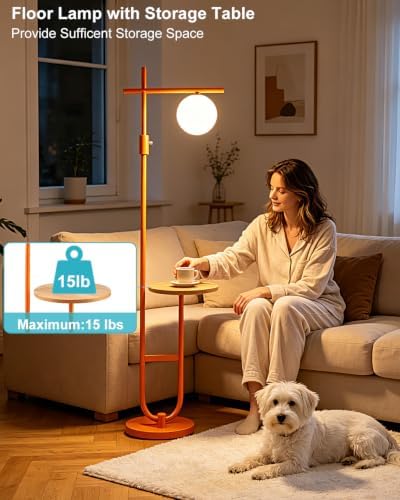 Lightdot Orange Floor Lamp with Table, 66IN Dimmable Corner Reading Lamp