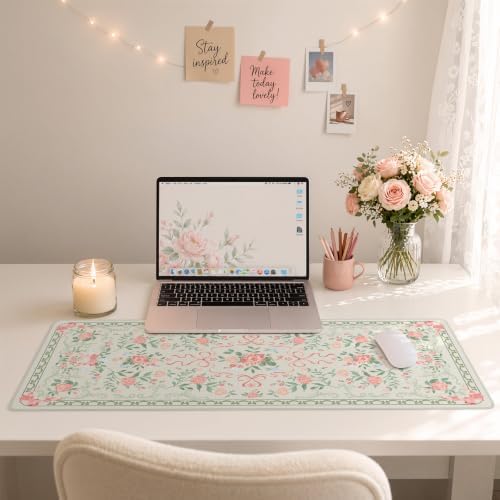 HAOCOO Cute Green Floral Computer Pad, 31.5" x 11.8" Deskmat for Home Decor