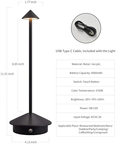 Modern Cordless Table Lamp Set of 2, Black Portable LED Desk Lamps