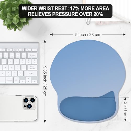 ITNRSIIET Ergonomic Mouse Pad with Wider Memory Foam Wrist Rest +17%, Curved Cushion Reduces Pressure 20%, Pain Relief, Non-Slip, Smooth, Cute Color Desk Accessory, 9.85 x 9 inch, Blue