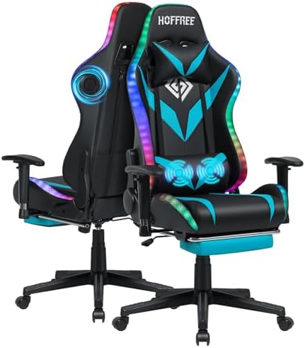 Led Gaming Chair with Speakers Massage 165° Reclining Computer Chairs-Blue
