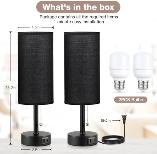 Black Bedside Lamp for Bedroom Nightstand - Small Table Lamp Set of 2