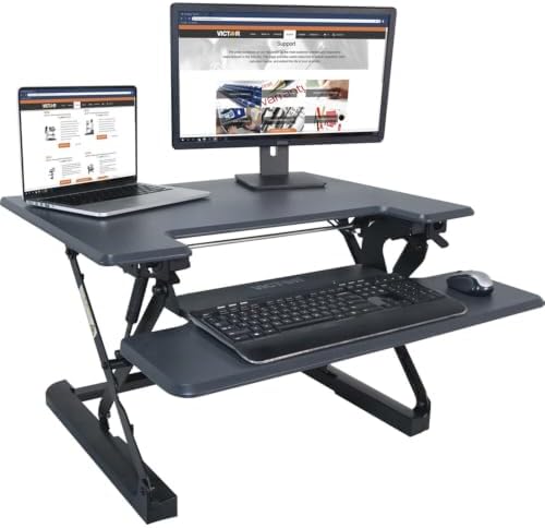 Victor High Rise 31-Inch Desk Converter, Height Adjustable Sit to Stand Riser, Dual Monitor and Laptop Workstation with Keyboard Tray, Gray