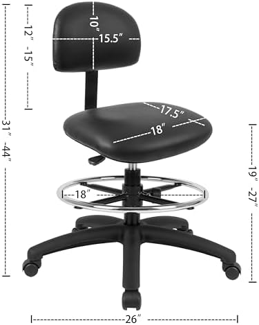 FSS Series Square seat Mid (19"-27") seat Height Chair. Vinyl-for Office, Garage, Desk, Shop, Computer, Doctor, Medical, Easy to Clean! 18" Footring (Black, Mid Stool, _Standard Casters)