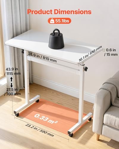 VEVOR Standing Desk, Adjustable Height Mobile Stand Up Desk with Lockable Casters, 32 x 16 in Small Computer Sit Stand Rolling Workstation with Hook, 55.1 lbs Desktop Capacity, for Home Office, White