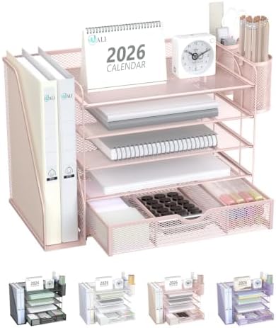WALI Desk File Organizer, 5 Tier Desktop Paper Letter Tray Organizer with Drawer and 2 Pen Holders, Office Desk Accessories & Workspace Organizers for Office, Home Supplies(DO006DH-P), 1 Pack, Pink