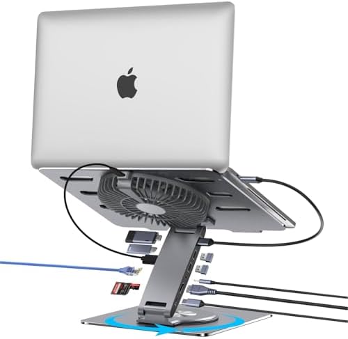 Laptop Docking Station Stand with Fan Aluminum Laptop Riser with USB-C Hub 11-IN-1 4K60Hz HDMI 100W PD Charging USB3.0 Ethernet Audio TF/SD, 360° Swivel, for MacBook Pro/Air, iPad Pro & Type-C Laptops