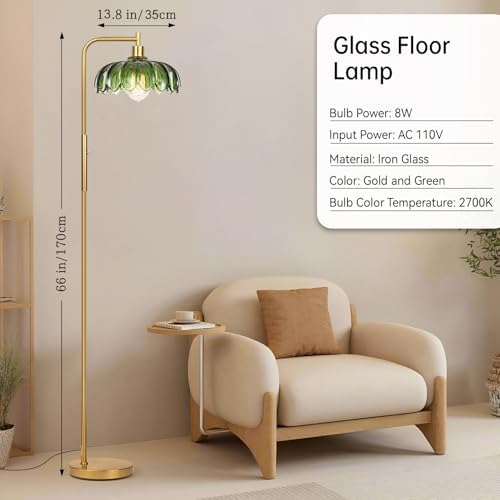 Ruiever Glass Floor Lamp for Living Room, Dimmer Standing Lamp with Green Lampshade,66” Tall Lamp & Gold Floor Lamp for Bedroom Study Room,Brushed Gold LED Bulb Included (Flower Green Glass Shade)
