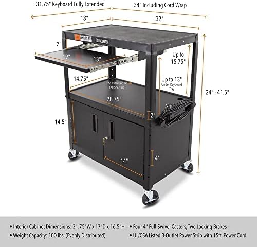 Line Leader Large AV Cart with Locking Cabinet | Height Adjustable Utility Cart with Pullout Keyboard Tray & Cord Management | UL Safety-Certified Computer Cart | Easy Assembly (32 x 18 x 42in)