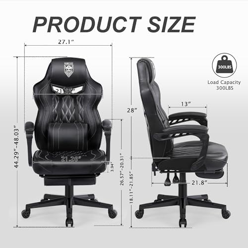 Vonesse Gaming Chair, Computer Office Chair with Footrest, Reclining Gaming Chairs for Adults, Big and Tall Ergonomic Gaming Chair with Lumbar Support and Massage (Black)