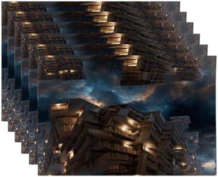 Infinite Library Nebula Shelves Placemats, Floating Books Cosmic Backdrop Place Mats for Dining/Kitchen Table Waterproof Washable Linen Heat Insulation Dinner Table Mats 12X18 in 6 Pcs