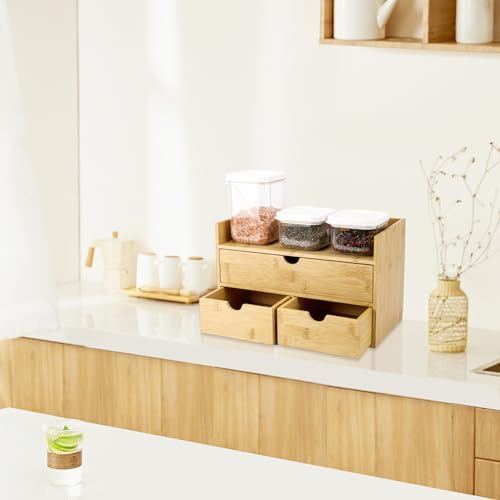Charmewooden Bamboo Desk Organizer With Drawers Countertop Drawers Counter Storage Box Corner Desk Organizer for Home Office No Assembly Required