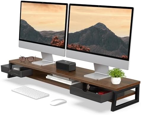 Fenge Dual Monitor Stand Riser, 42.5in Desk Shelf with 2 Drawers, Brown