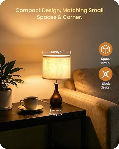 Small Table Lamp, 14.2" Cute Little Desk Lamp, Wood Bedside Lamp with Linen Lampshade, Modern Nightstand Lamp for Bedroom, E26 Base, Bulb Not Included, Beige & Dark Walnut STE09TL05
