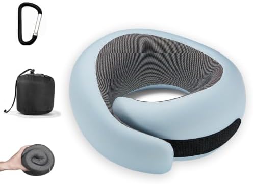 Travel Neck Pillow for Airplanes, Pure Memory Foam Neck Pillow with Washable Cover and Storage Bag, Ergonomic 360° Support for Sleeping, Car, Office, Home, Light Blue