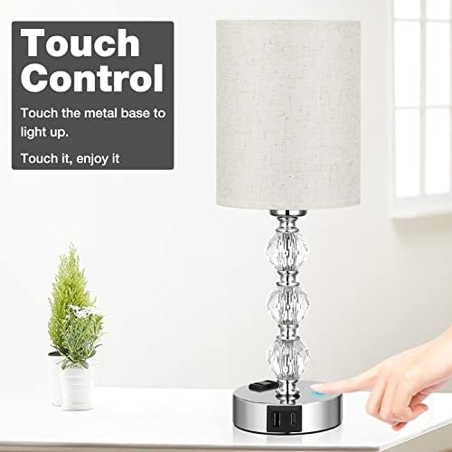 White Touch Bedside Lamps for Bedrooms - Crystal Table Lamp with USB C+A Charging Port and AC Outlet Nightstand, 3 Way Dimmable Silver Small End Side Table Lamp for Living/Guest/Dinning Room/Kitchen