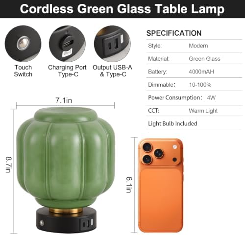 Rechargeable Table Lamp, Cordless Green Glass Bedside Lamp Small