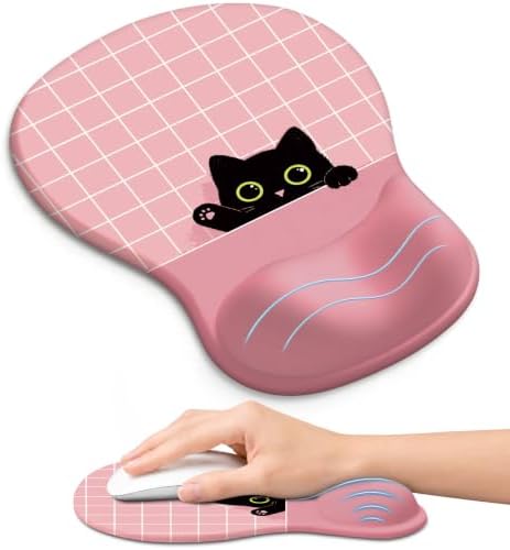 Ergonomic Mouse Pad with Wrist Rest, Gel Wrist Support, Pink Cat