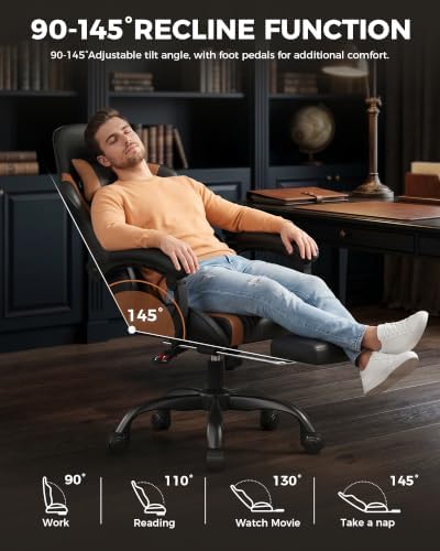LUCKRACER Gaming Chair with Footrest, Pocket Spring Seat, 90°-135° Reclining Computer Chair with Linkage Armrests, Lumbar Support, Height Adjustment, SGS-Tested Gas Lift, 330 lbs Capacity, Brown