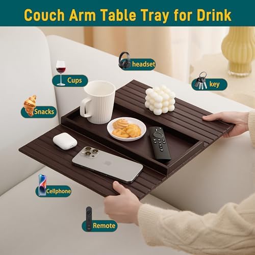 Bamboo Couch Arm Tray Table，Foldable Sofa Armrest Tray Table for Couch，Flexible and Anti-Slip Couch Arm Cup Holder，Portable Sofa Arm Chair Table for Drink,Cups, Eats，Snacks, Phone, Remote