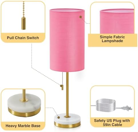 Luvkczc Minimalist Table Lamp Set of 2, Nightstand Lamp for Bedroom Living Room, Modern Pull Chain Bedside Lamp with Marble Base, Fabric Shade, Small Desk Lamp for Home, Office, Reading,Pink