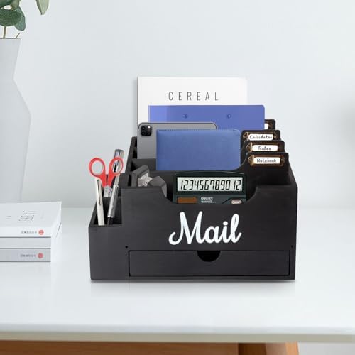 Wood Mail Organizer Countertop, with 6 Compartments and Drawer