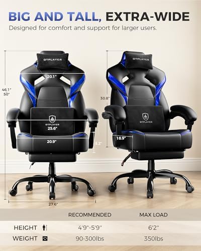 GTPLAYER Big and Tall Gaming Chair with Footrest, High Back Ergonomic Office Chair for Adults, Heavy Duty 350 lbs Capacity, Premium Leather & Iridescent Trim, ACE-Armor, Blue