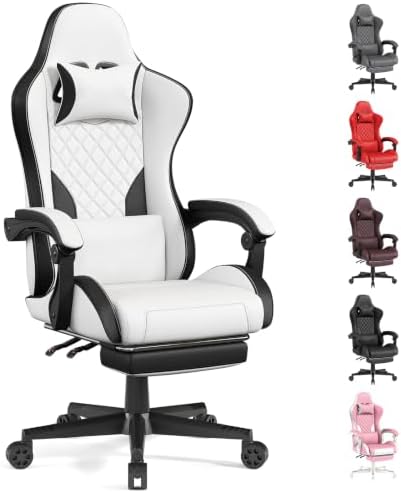 LUCKRACER Gaming Chair with Pocket Spring Cushion and Footrest, PU Leather 90°-155° Reclining Computer Chair, 4.5" Height Adjustment, Ergonomic Office Chair with Lumbar Support, White