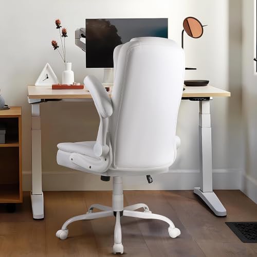 Ergonomic Office Chair with Flip-up Armrests, Big and Tall Leather Executive Office Chair, High Back Lumbar Support Home Computer Desk Chair, Heavy and Duty Computer Chair (White)