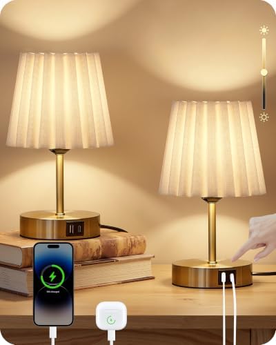 Small Bedside Table Lamps Set of 2, Touch Dimmable Table Lamps with USB Ports, Nightstand Lamps with 2 Stepless Dimming LED Bulbs, E26 Base, for Bedroom, Study, Gold and White DW16TLP205