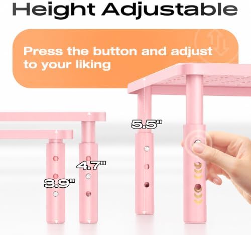 Computer Monitor Stand Riser for Desk, 3 Height Adjustable PC Laptop TV Desktop Monitor Stand Shelf, Metal Printer Table with Phone Holder, Stand Riser for Desk, Office Desk Organizers and Accessories, Pink 2 Pack