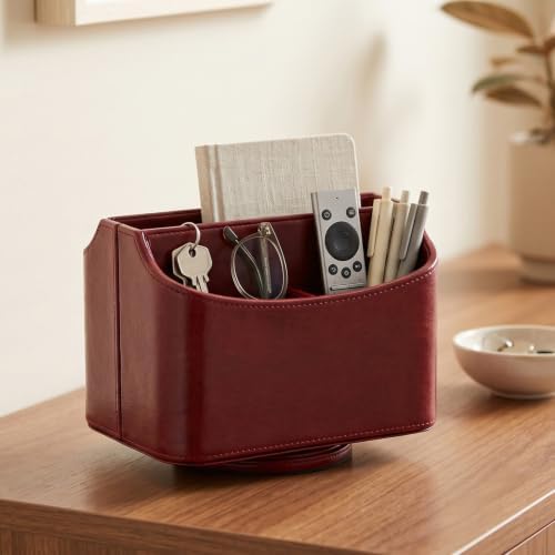 UnionBasic Rotating Desk Organizer, 360 Desk Spinning Caddy, Desktop TV Guide/Mail/Media/Remote Controller Holder Organizer, Burgundy - Printed Oil Leather