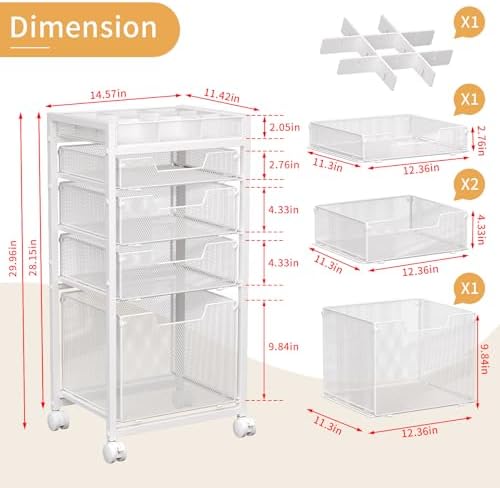 Rolling File Cart with 4 Storage Drawers, Under Desk Filing Cabinet with DIY Divider, Hanging File Folder Organizer on Wheels, Fits A4/Letter Size, Metal Utility Cart for Home Office, White