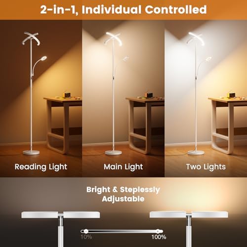 SIBRILLE White LED Floor Lamp - Dimmable 2 Lights Standing Lamp with Remote&Touch Control, 4 Color& 10 Brighness Adjustable Floor Reading Light, Modern Tall Lamp for Living Room Bedroom Office Corner
